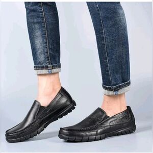 FIEEIF Mens Genuine Leather Slip On Shoes Handsewn Moccasins Comfortable Slip Re